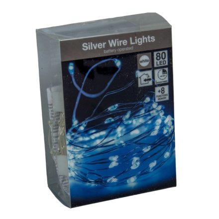 Ezüst drótkábeles fényfüzér 80 LED-es programos elemes vizálló (elem nélkül) hideg