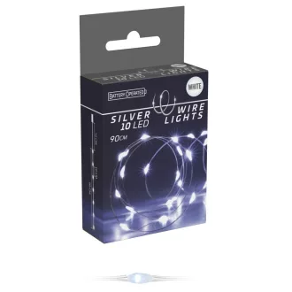   Ezüst drótkábeles fényfüzér 10 LED-es elemes (elemmel) hideg 90cm