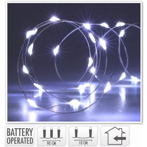 Ezüst drótkábeles fényfüzér 10 LED-es elemes (elemmel) hideg 90cm