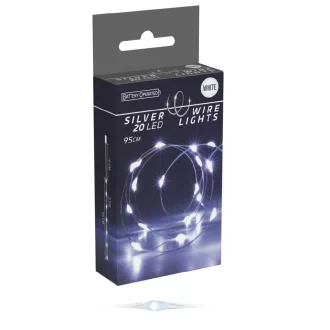   Ezüst drótkábeles fényfüzér 20 LED-es elemes (elem nélkül) hideg 95cm