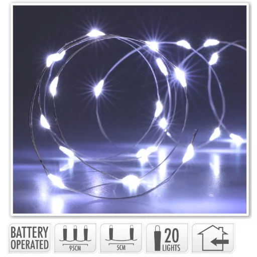 Ezüst drótkábeles fényfüzér 20 LED-es elemes (elem nélkül) hideg 95cm