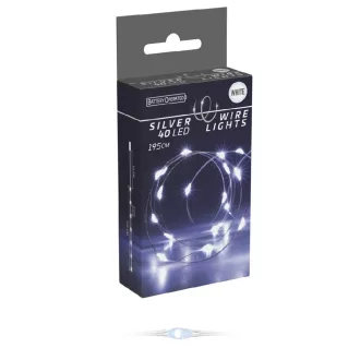   Ezüst drótkábeles fényfüzér 40 LED-es elemes (elem nélkül) hideg 195cm