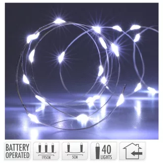   Ezüst drótkábeles fényfüzér 40 LED-es elemes (elem nélkül) hideg 195cm