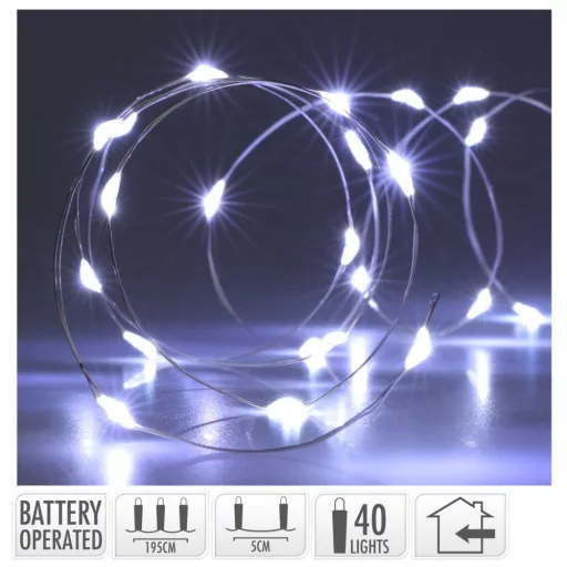 Ezüst drótkábeles fényfüzér 40 LED-es elemes (elem nélkül) hideg 195cm