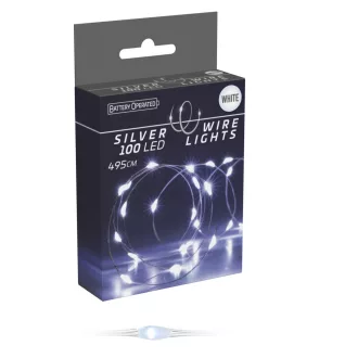   Ezüst drótkábeles fényfüzér 100 LED-es elemes (elem nélkül) hideg 495cm