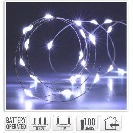 Ezüst drótkábeles fényfüzér 100 LED-es elemes (elem nélkül) hideg 495cm