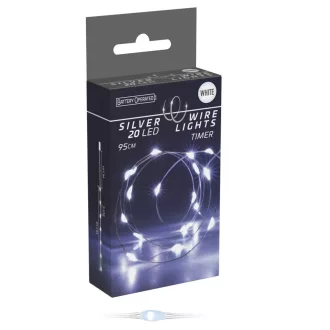   Ezüst drótkábeles fényfüzér 20 LED-es időzítős elemes (elem nélkül) hideg 95cm