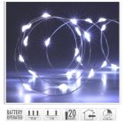 Ezüst drótkábeles fényfüzér 20 LED-es időzítős elemes (elem nélkül) hideg 95cm