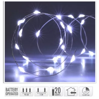   Ezüst drótkábeles fényfüzér 20 LED-es időzítős elemes (elem nélkül) hideg 95cm