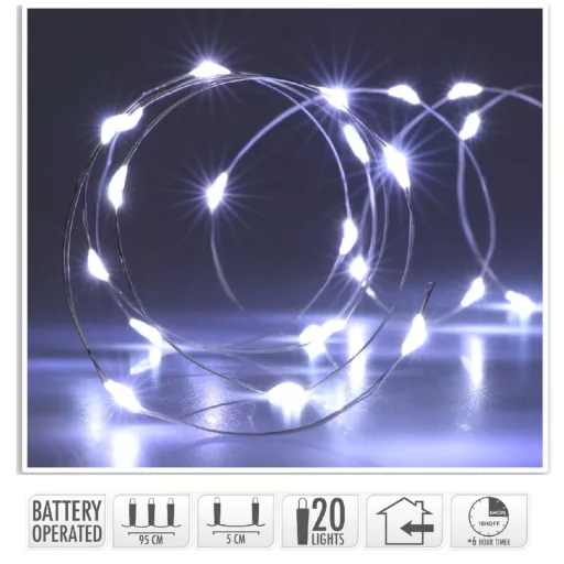Ezüst drótkábeles fényfüzér 20 LED-es időzítős elemes (elem nélkül) hideg 95cm