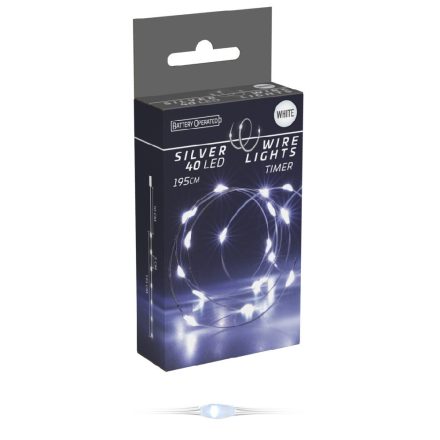 Ezüst drótkábeles fényfüzér 40 LED-es időzítős elemes (elem nélkül) hideg 195cm