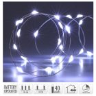 Ezüst drótkábeles fényfüzér 40 LED-es időzítős elemes (elem nélkül) hideg 195cm