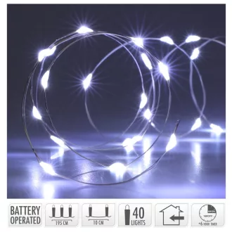   Ezüst drótkábeles fényfüzér 40 LED-es időzítős elemes (elem nélkül) hideg 195cm