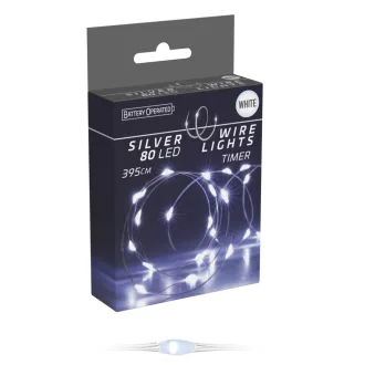   Ezüst drótkábeles fényfüzér 80 LED-es időzítős elemes (elem nélkül) hideg 395cm