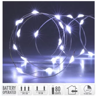   Ezüst drótkábeles fényfüzér 80 LED-es időzítős elemes (elem nélkül) hideg 395cm