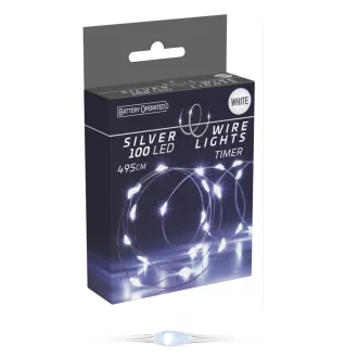   Ezüst drótkábeles fényfüzér 100 LED-es időzítős elemes (elem nélkül) hideg 495cm