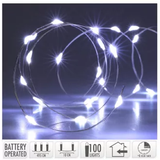   Ezüst drótkábeles fényfüzér 100 LED-es időzítős elemes (elem nélkül) hideg 495cm