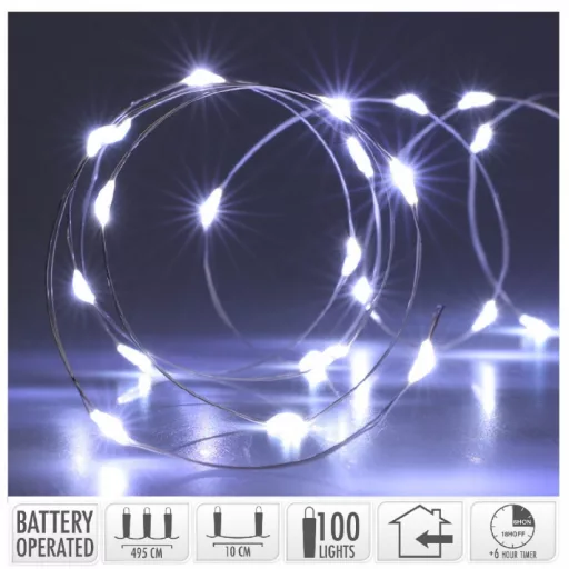 Ezüst drótkábeles fényfüzér 100 LED-es időzítős elemes (elem nélkül) hideg 495cm