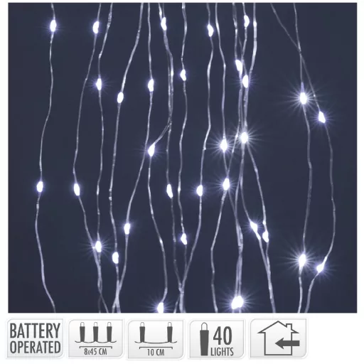 Ezüst drótkábeles korbács 40 LED-es elemes (elem nélkül) hideg  8x45cm