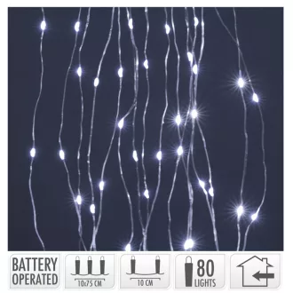   Ezüst drótkábeles korbács 80 LED-es elemes (elem nélkül) hideg 10x75cm
