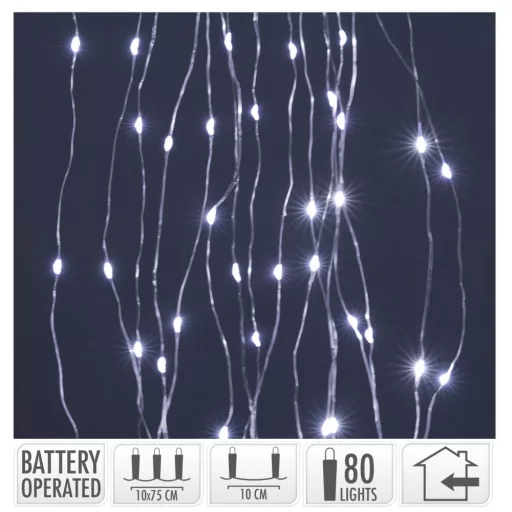 Ezüst drótkábeles korbács 80 LED-es elemes (elem nélkül) hideg 10x75cm