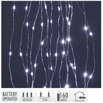   Ezüst drótkábeles korbács 160 LED-es elemes (elem nélkül) hideg 8x190cm