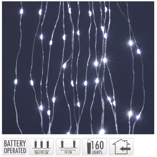 Ezüst drótkábeles korbács 160 LED-es elemes (elem nélkül) hideg 8x190cm