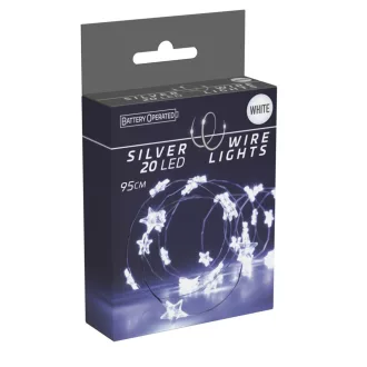  Ezüst drótkábeles csillag fényfüzér 20 LED-es elemes (elem nélkül) hideg 95cm