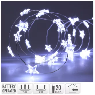   Ezüst drótkábeles csillag fényfüzér 20 LED-es elemes (elem nélkül) hideg 95cm