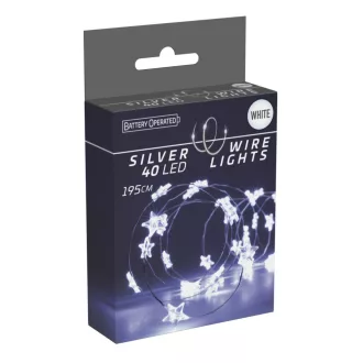   Ezüst drótkábeles csillag fényfüzér 40 LED-es elemes (elem nélkül) hideg 195cm