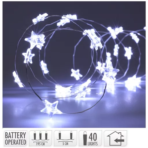 Ezüst drótkábeles csillag fényfüzér 40 LED-es elemes (elem nélkül) hideg 195cm