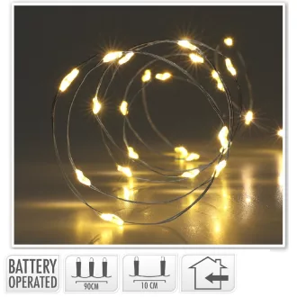   Ezüst drótkábeles fényfüzér 10 LED-es elemes (elemmel) meleg 90cm
