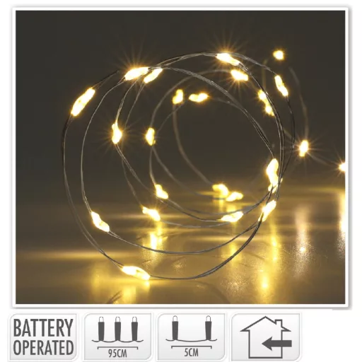 Ezüst drótkábeles fényfüzér 20 LED-es elemes (elem nélkül) meleg 95cm