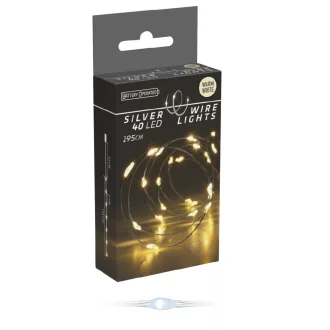   Ezüst drótkábeles fényfüzér 40 LED-es elemes (elem nélkül) meleg 195cm