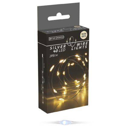 Ezüst drótkábeles fényfüzér 40 LED-es elemes (elem nélkül) meleg 195cm