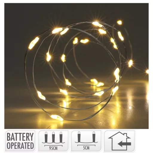 Ezüst drótkábeles fényfüzér 40 LED-es elemes (elem nélkül) meleg 195cm