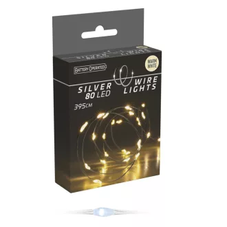   Ezüst drótkábeles fényfüzér 80 LED-es elemes (elem nélkül) meleg 395cm