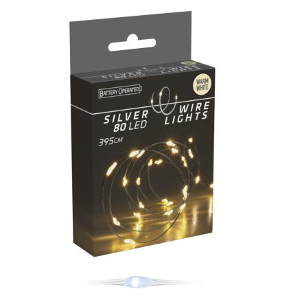 Ezüst drótkábeles fényfüzér 80 LED-es elemes (elem nélkül) meleg 395cm