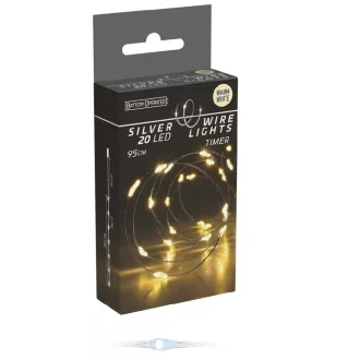   Ezüst drótkábeles fényfüzér 20 LED-es időzítős elemes (elem nélkül) meleg 95cm