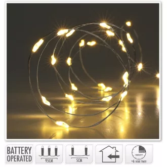   Ezüst drótkábeles fényfüzér 20 LED-es időzítős elemes (elem nélkül) meleg 95cm