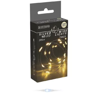   Ezüst drótkábeles fényfüzér 40 LED-es időzítős elemes (elem nélkül) meleg 195cm