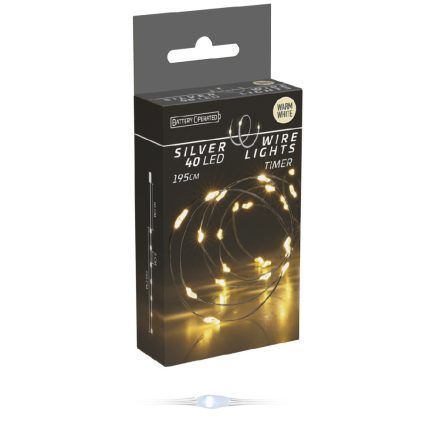 Ezüst drótkábeles fényfüzér 40 LED-es időzítős elemes (elem nélkül) meleg 195cm