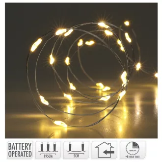   Ezüst drótkábeles fényfüzér 40 LED-es időzítős elemes (elem nélkül) meleg 195cm