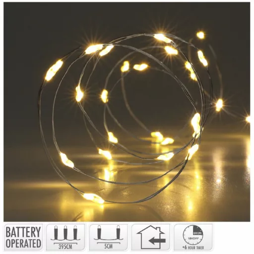 Ezüst drótkábeles fényfüzér 80 LED-es időzítős elemes (elem nélkül) meleg 395cm