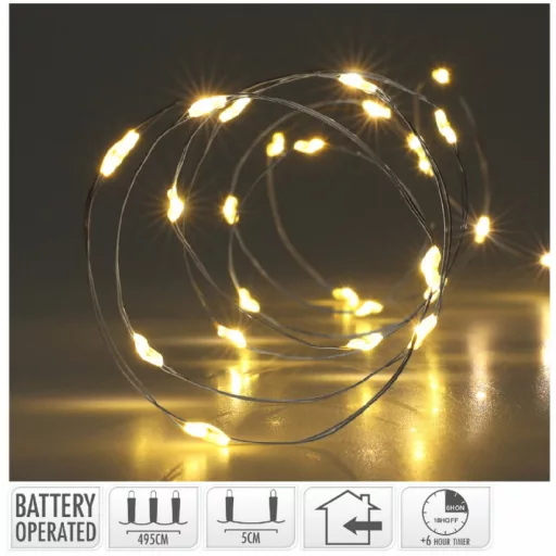 Ezüst drótkábeles fényfüzér 100 LED-es időzítős elemes (elem nélkül) meleg 495cm