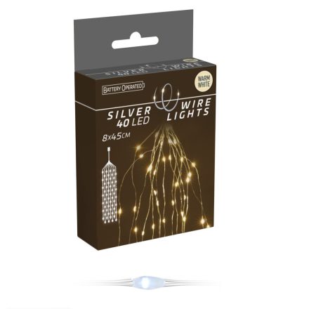 Ezüst drótkábeles korbács 40 LED-es elemes (elem nékül) meleg