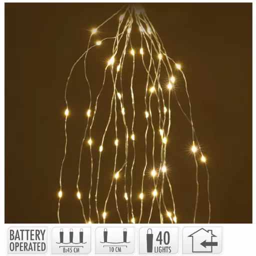 Ezüst drótkábeles korbács 40 LED-es elemes (elem nékül) meleg 8x45cm
