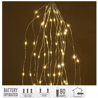   Ezüst drótkábeles korbács 80 LED-es elemes (elem nékül) meleg 10x75cm