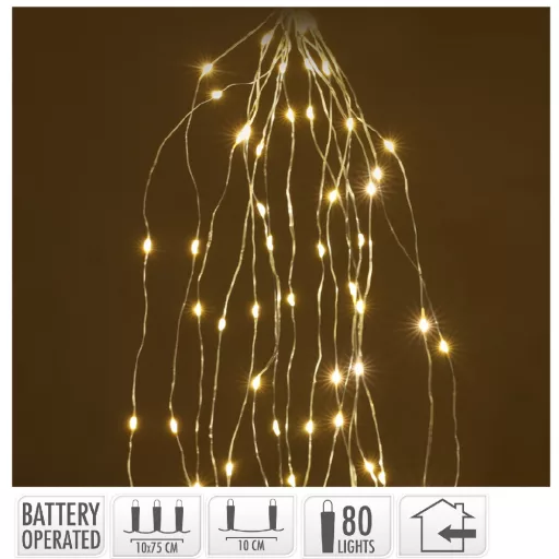 Ezüst drótkábeles korbács 80 LED-es elemes (elem nékül) meleg 10x75cm