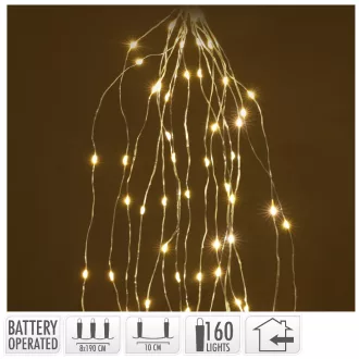   Ezüst drótkábeles korbács 160 LED-es elemes (elem nékül) meleg 8x190cm